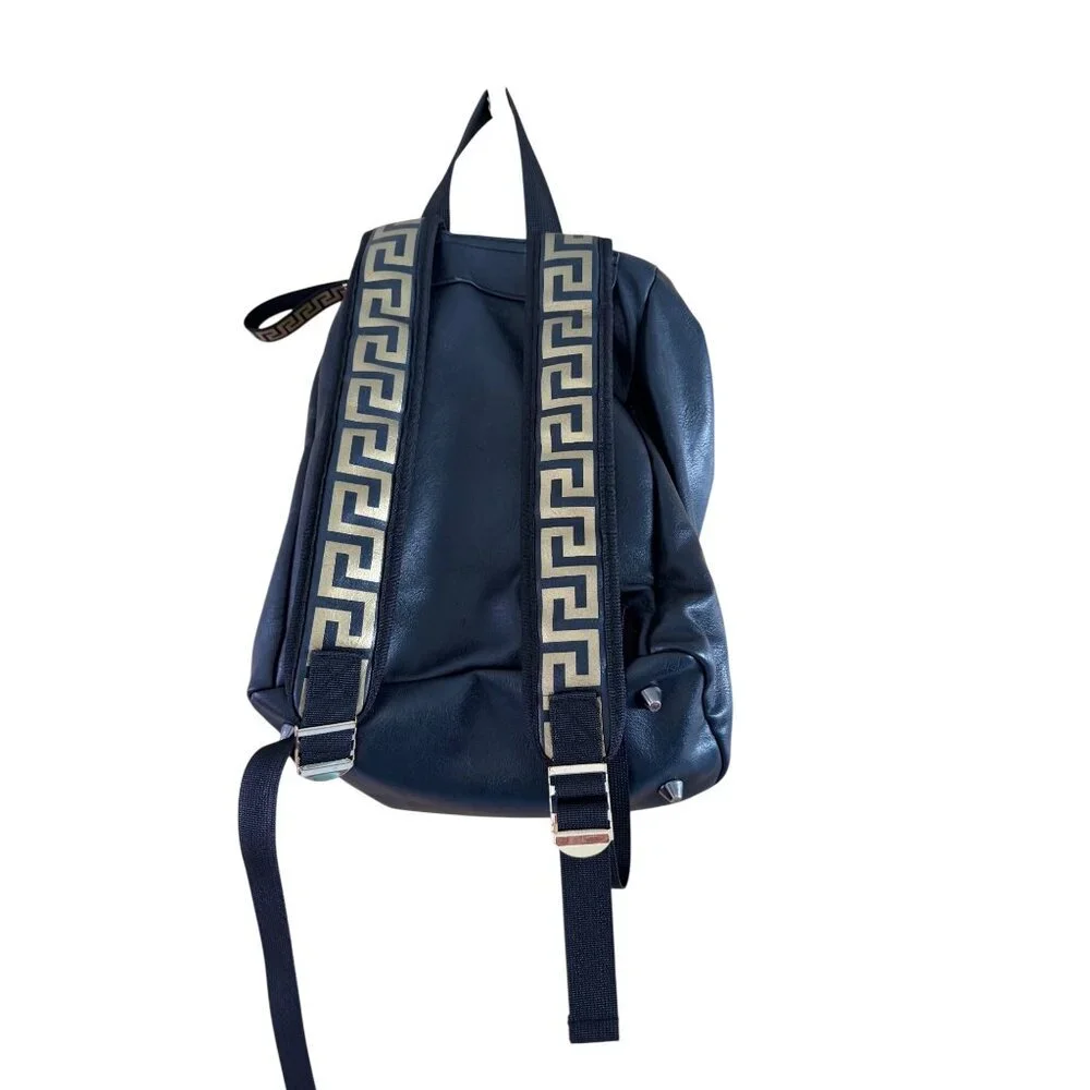 Versace Parfums Mens Faux Leather Black Backpack with Gold Details Modern